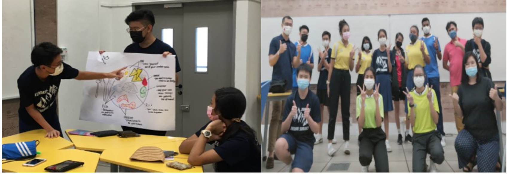Two masked students present a hand-drawn poster in a classroom; right shows a masked group posing with thumbs up.